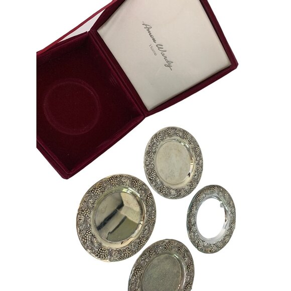 VTG Amen Wardy Home Godinger Silver Bottle Coasters Red Velvet Box Set 4 7572 - Picture 2 of 7